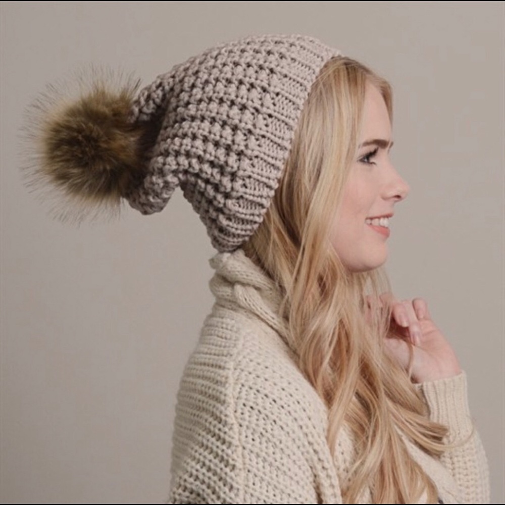 NEW Mocha Faux Fur Pom Pom Beanie